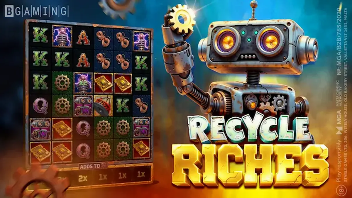 Recycle Riches স্লট গেমের স্ক্রিনশট যেখানে রোবট এবং স্ক্র্যাপইয়ার্ড থিম দেখা যাচ্ছে